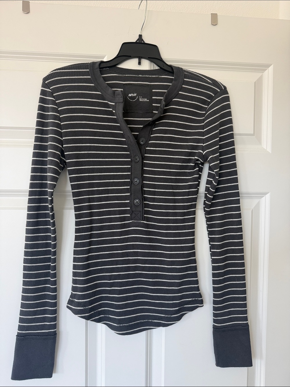 aerie Charcoal and White Striped Henley Long Sleeve